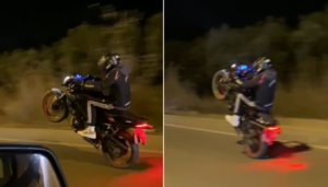 Seyir halindeyken metrelerce tek teker üzerinde giden motosikletli, sadece kendi