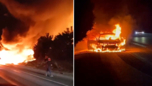 Yangın, saat 00.30 sıralarında Bursa-Ankara karayolu üzeri Ümitalan rampasında meydana