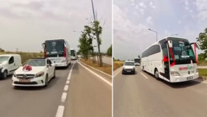 Bursa’da düğün konvoyunda yer alan süslenmiş bir otobüs dikkat çekti.