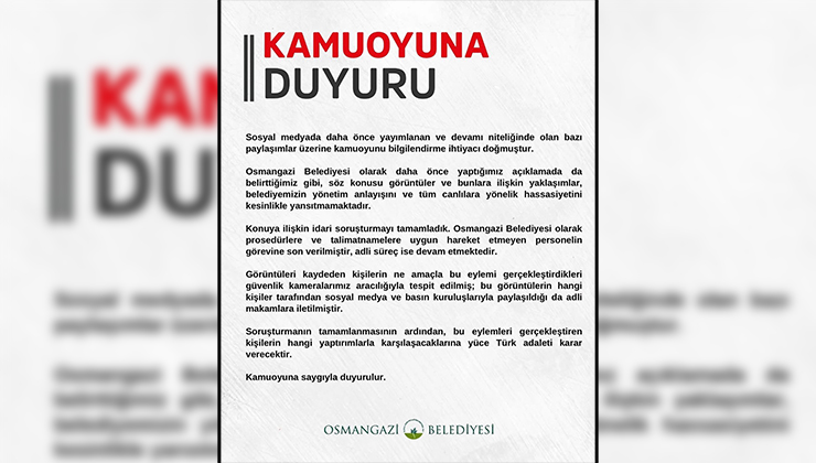 Osmangazi Belediyesi’nden barınakta yaşananlarla ilgili açıklama Osmangazi Belediyesi’nin sosyal medya hesabından yapılan açıklamada, “Sosyal medyada daha