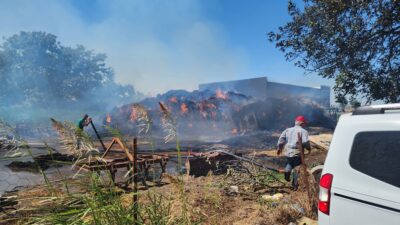 Bursa'nın Mustafakemalpaşa ilçesinde saman yüklü 2 kamyon ile 4 römork