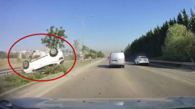 Bursa'nın Nilüfer ilçesinde kontrolden çıkan otomobil, bariyerleri aşarak ters yöne