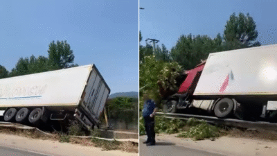 Bursa'nın Kestel ilçesinde kontrolden çıkan TIR, bariyerlere çarparak devrildi. Kazada