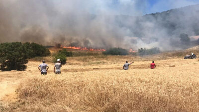 Bursa’nın Yenişehir ilçesinde anızda başlayıp ormana sıçrayan yangına havadan ve