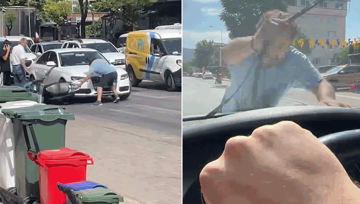Bursa'da yol verme meselesi nedeniyle çıkan tartışmada motosikletinden inip otomobilin