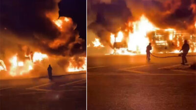 Bursa'nın İznik ilçesinde çamaşır makinesi yüklü tır, alev alev yandı.