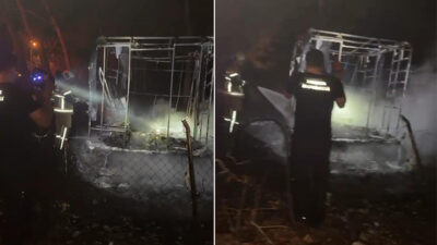 Bursa'nın İznik ilçesinde sahil kenarında park halinde bulunan bir karavan;