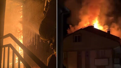 Bursa'nın İnegöl ilçesinde 5 katlı apartmanın çatı katında çıkan yangın