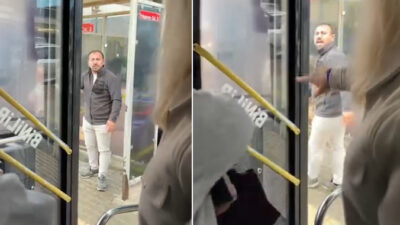 Bursa'da bir otobüs sürücüsünün yoğun trafikte ilerlerken durak dışı başka