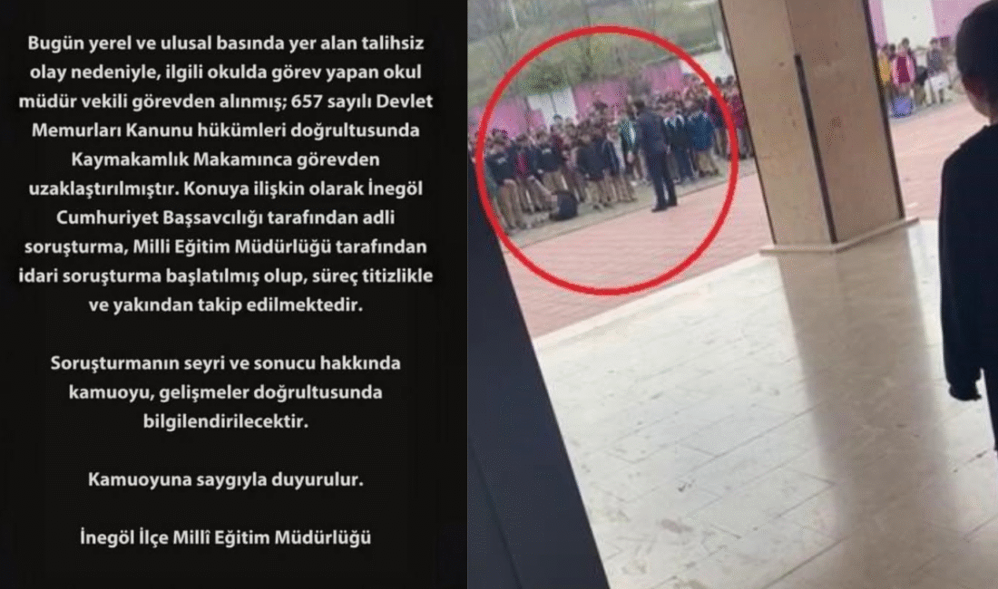Bursa'nın İnegöl ilçesinde bayrak töreninde bir öğrenciyi itekleyerek darbeden okul