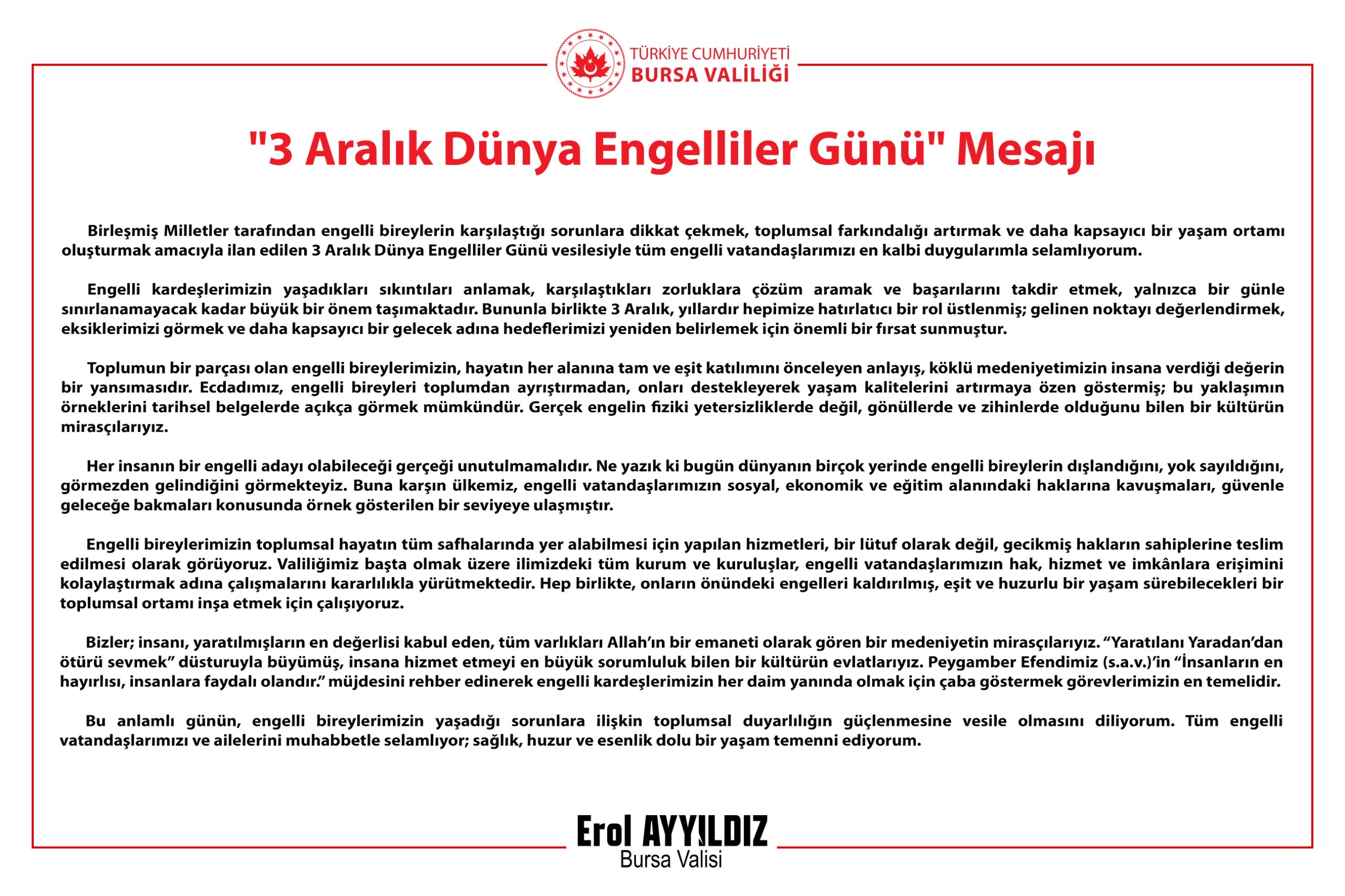 vali erol ayyıldız’dan “3 aralık dünya engelliler günü” mesajı 1 Bursam Medya -
