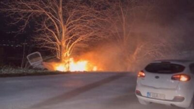 Bursa'da kontrolden çıkan otomobil ağaca çarptıktan sonra alev aldı, vatandaşlar