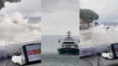 Bursa'nın Gemlik ilçesinde şiddetli fırtına sebebiyle kara ile deniz birleşti.