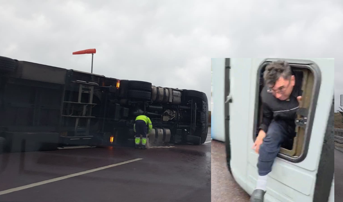 rsa İstanbul otobanında fırtına viyadükten geçen bir tırı devirdi. Tır sürücüsü
