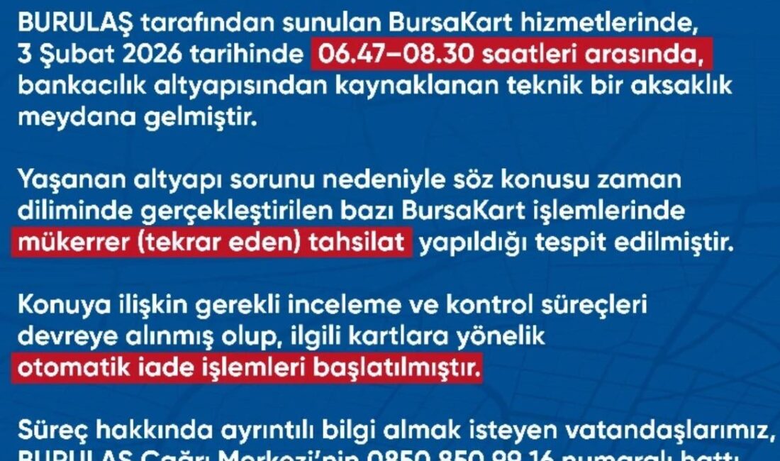 Bursa'da yaşanan bir teknik arıza sebebiyle toplu ulaşım kartlarında yolculardan