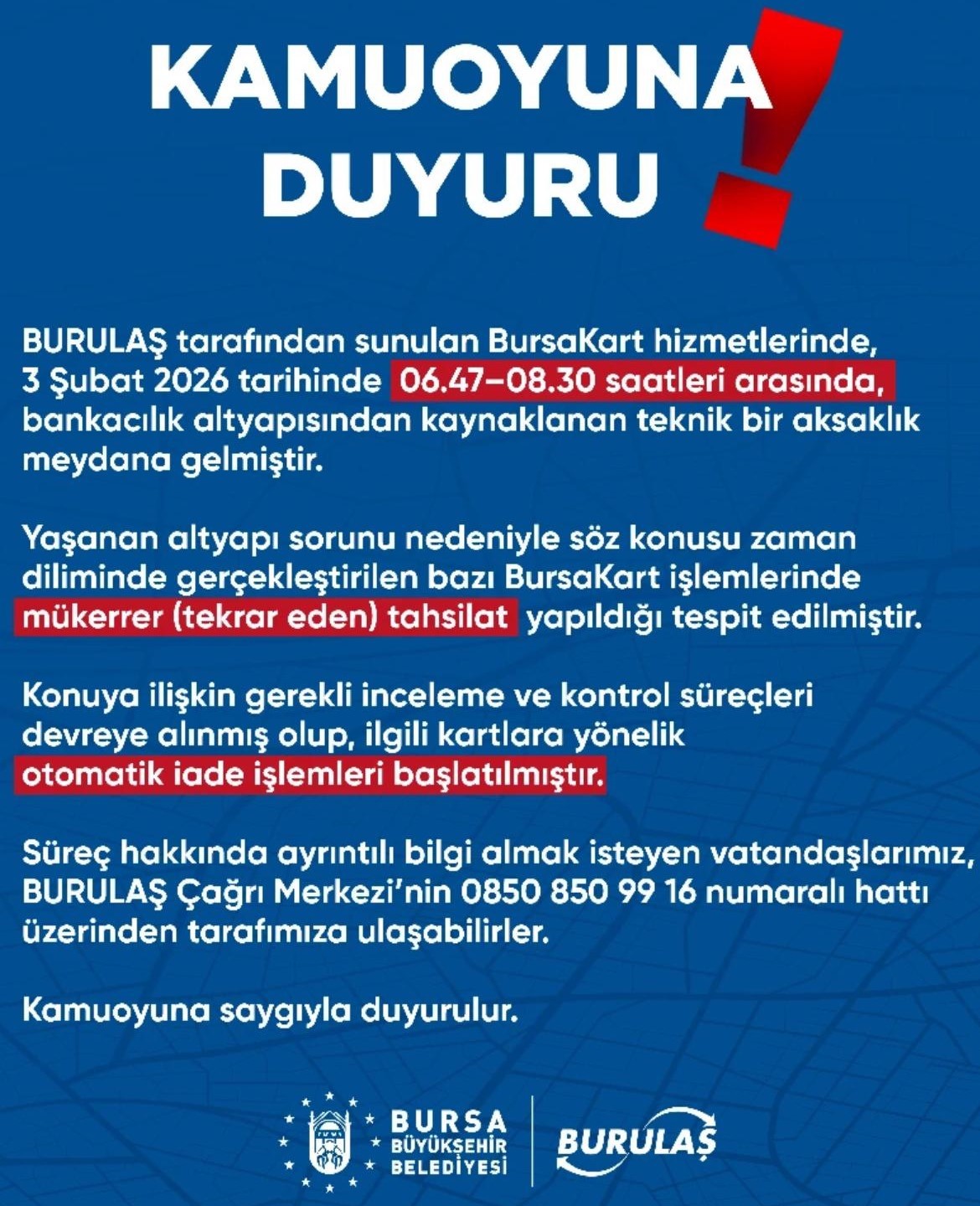 Bursa'da yaşanan bir teknik arıza sebebiyle toplu ulaşım kartlarında yolculardan