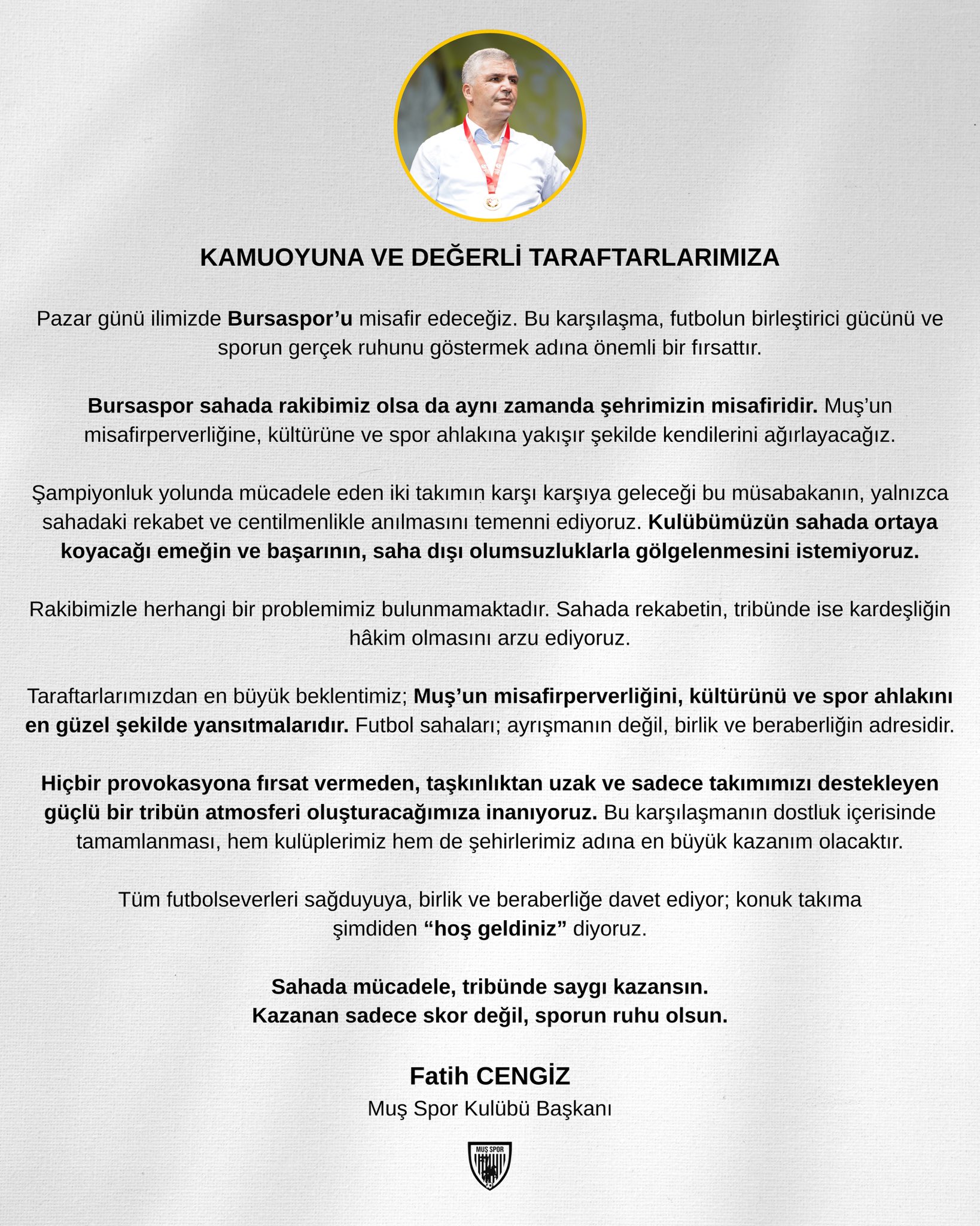 Muşspor Başkanı’ndan Bursaspor maçı mesajı 1 Bursam Medya -